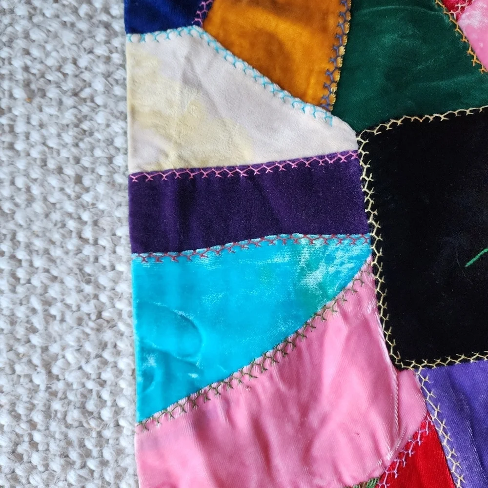 ANTIQUE Velvet Crazy Quilt bright‎ colors floral embroidered 73in x 55in